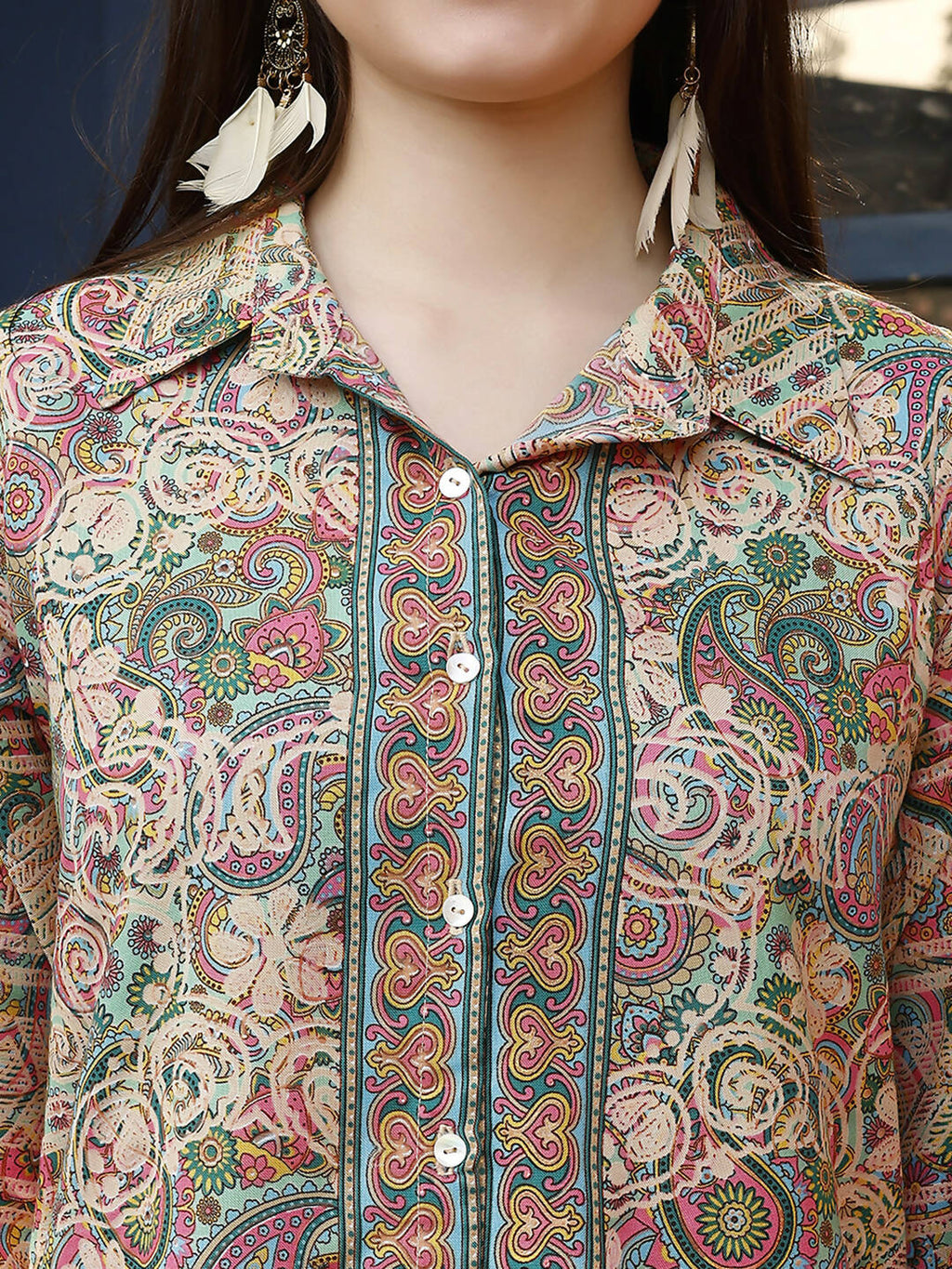 Orange & Green Rayon Paisley & Floral Printed Top with Matching Bottom - Eesha