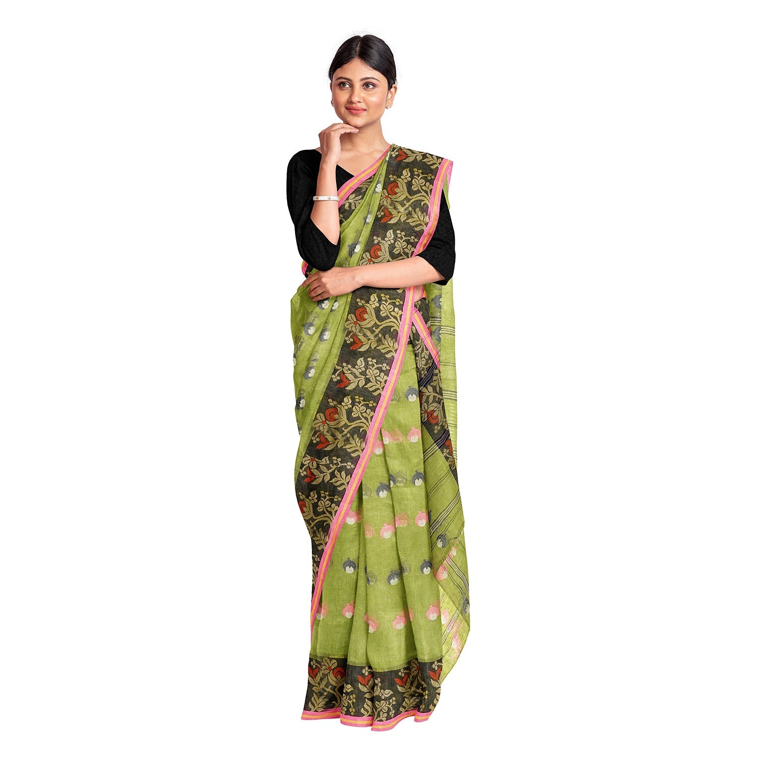 Exclusive Collection 100% Pure Cotton Olive Tant Saree With Hand Weaving Work