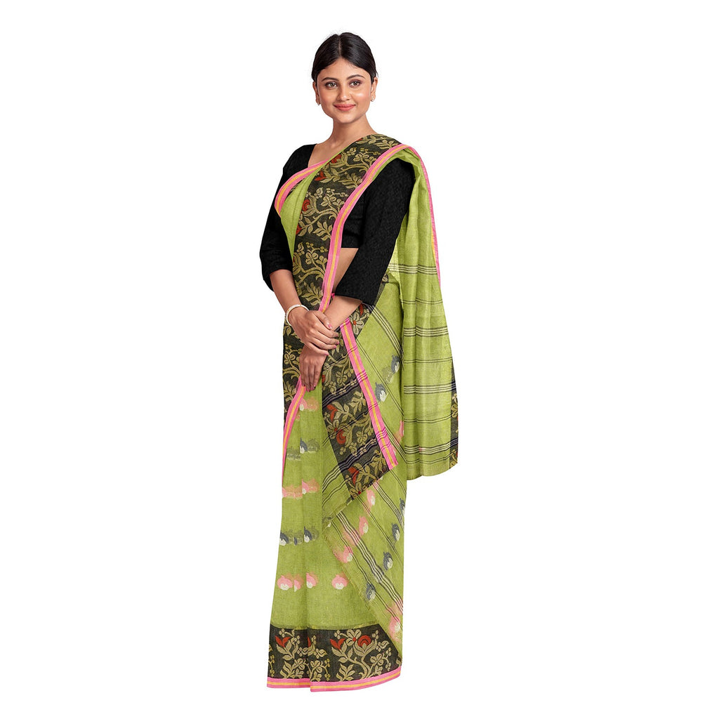 Exclusive Collection 100% Pure Cotton Olive Tant Saree With Hand Weaving Work