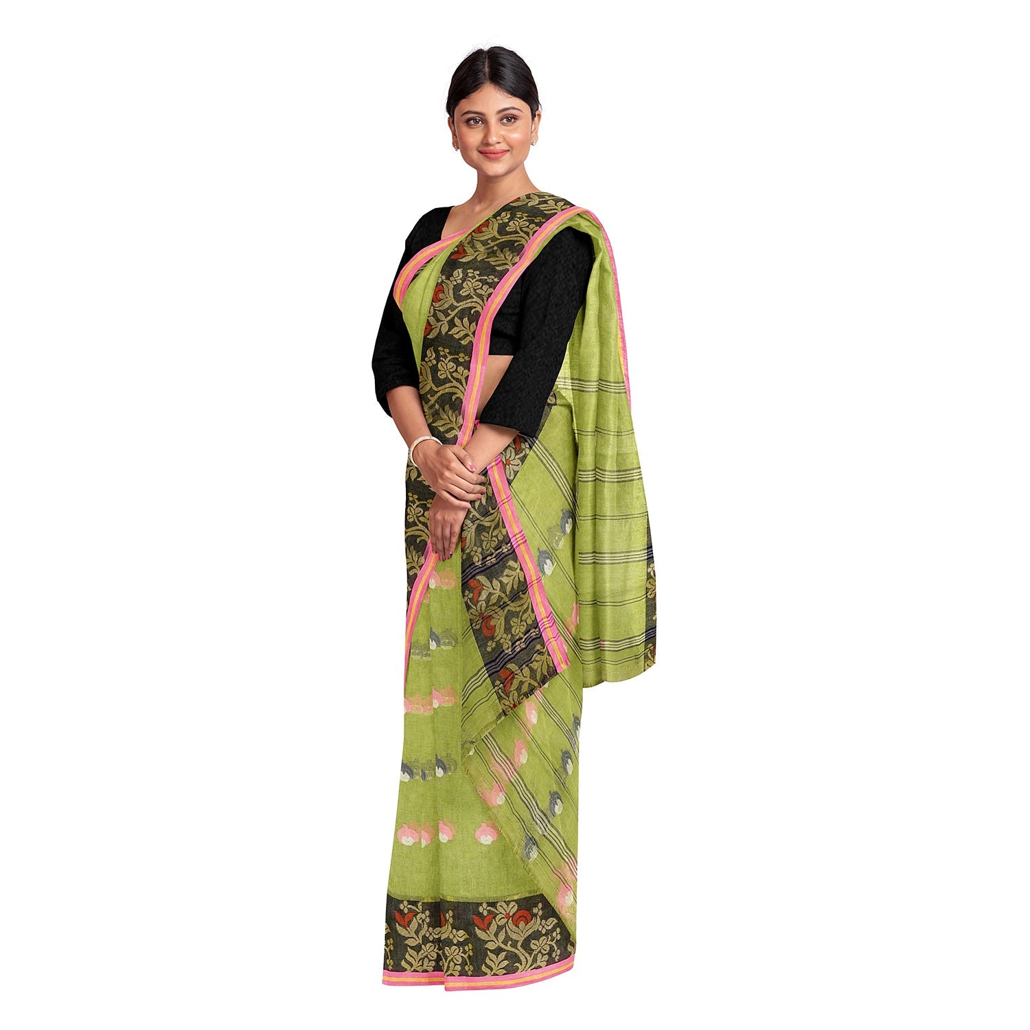 Exclusive Collection 100% Pure Cotton Olive Tant Saree With Hand Weaving Work