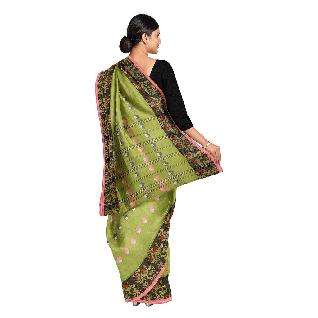 Exclusive Collection 100% Pure Cotton Olive Tant Saree With Hand Weaving Work