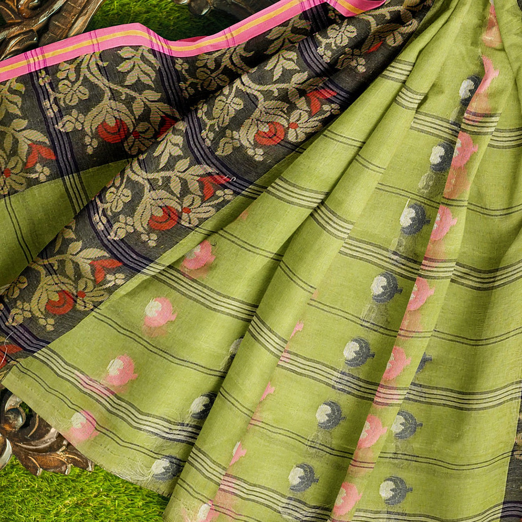 Exclusive Collection 100% Pure Cotton Olive Tant Saree With Hand Weaving Work