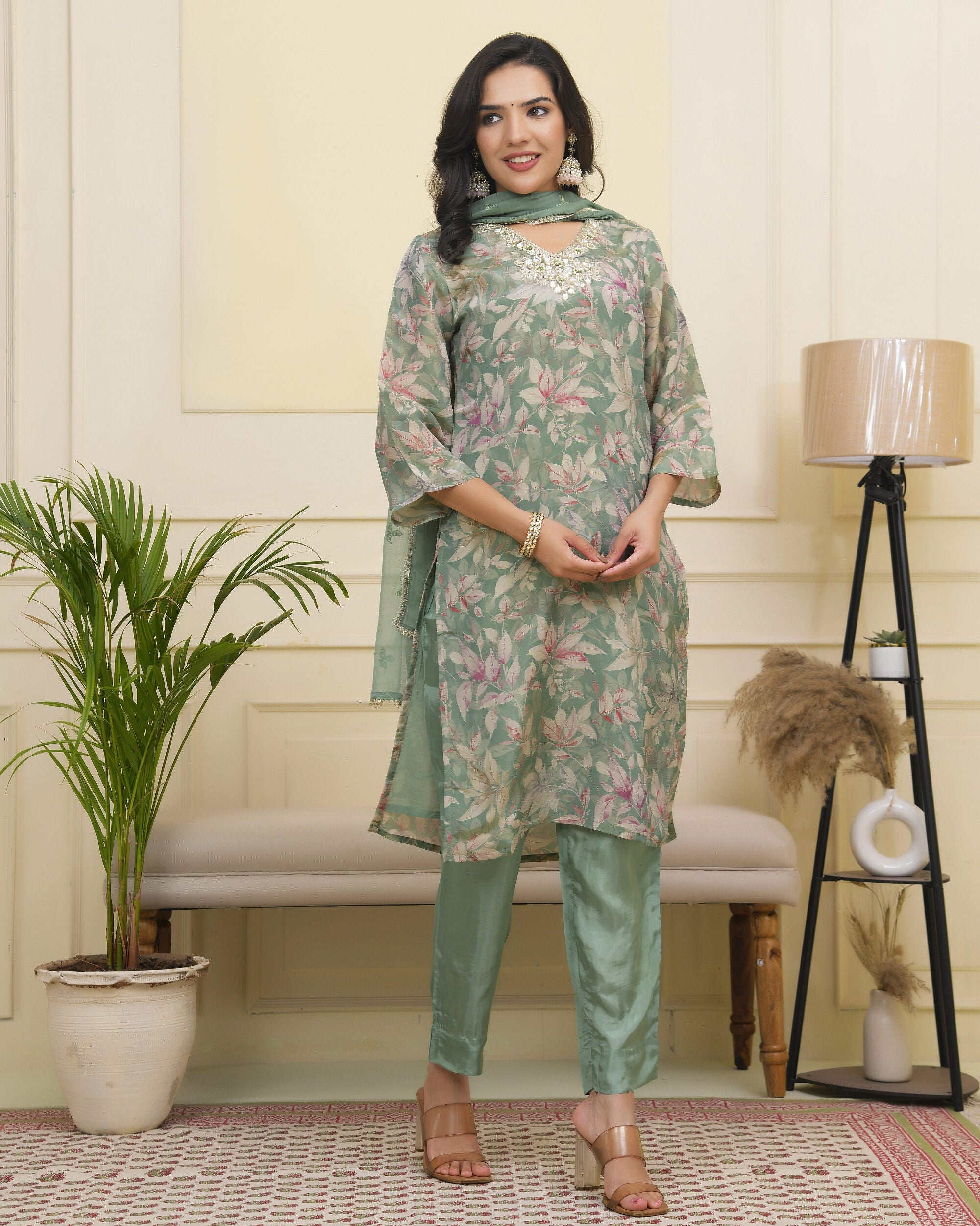 Vaasva Women Green Tissue Shimmer Kurta With Silk Pant & Dupatta