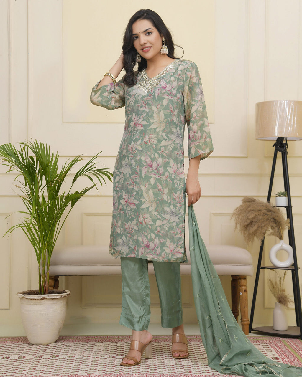 Vaasva Women Green Tissue Shimmer Kurta With Silk Pant & Dupatta
