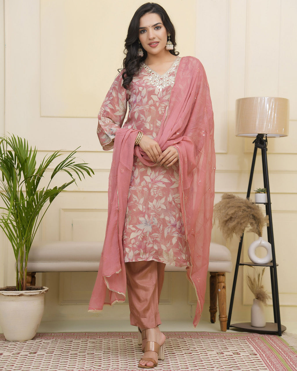 Vaasva Women Pink Tissue Shimmer Kurta With Silk Pant & Dupatta