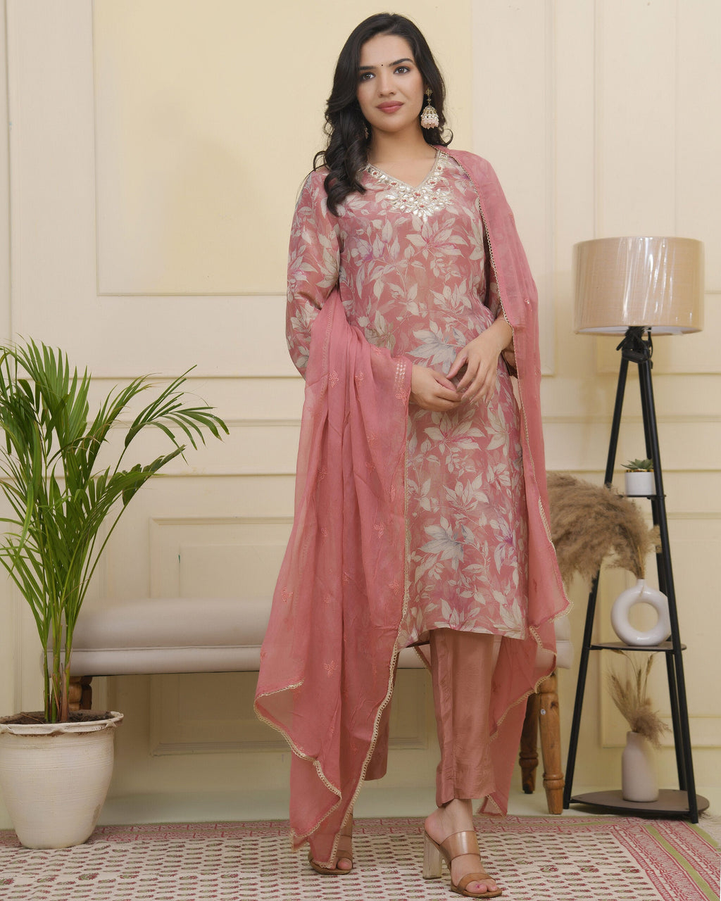 Vaasva Women Pink Tissue Shimmer Kurta With Silk Pant & Dupatta