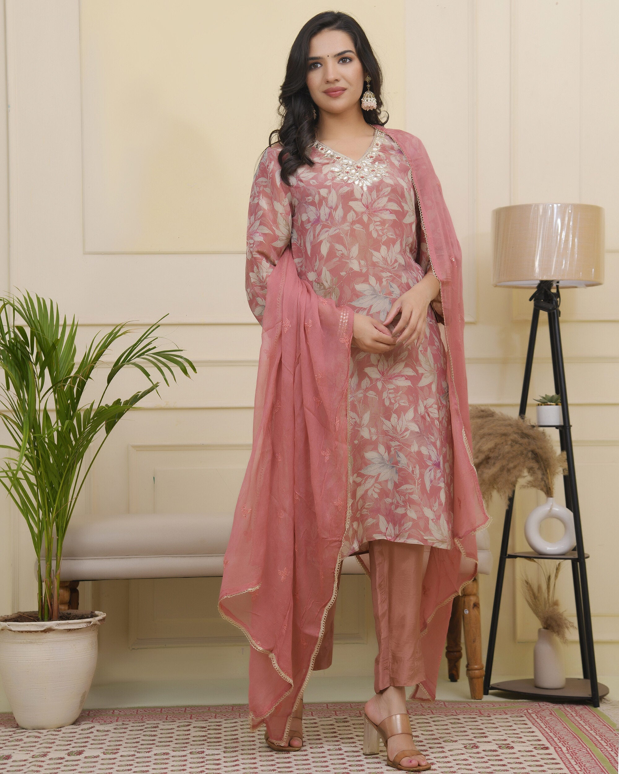 Vaasva Women Pink Tissue Shimmer Kurta With Silk Pant & Dupatta