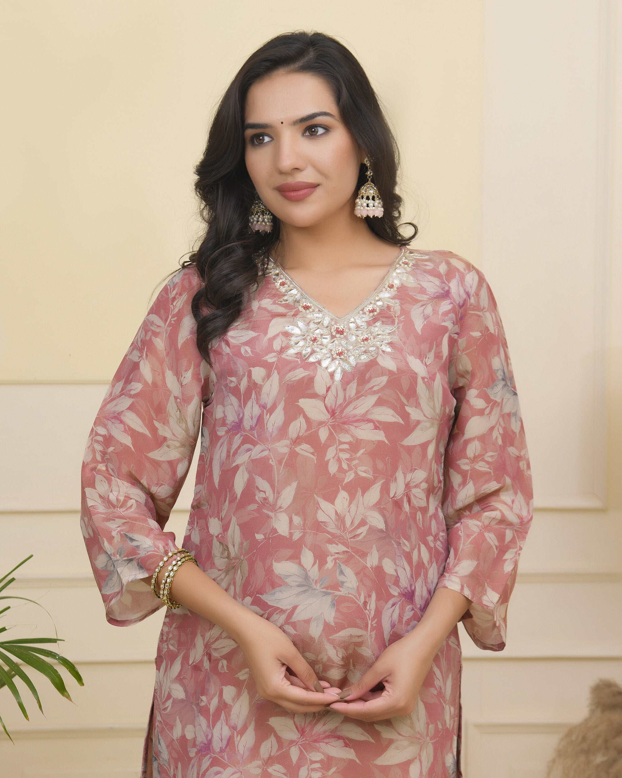 Vaasva Women Pink Tissue Shimmer Kurta With Silk Pant & Dupatta