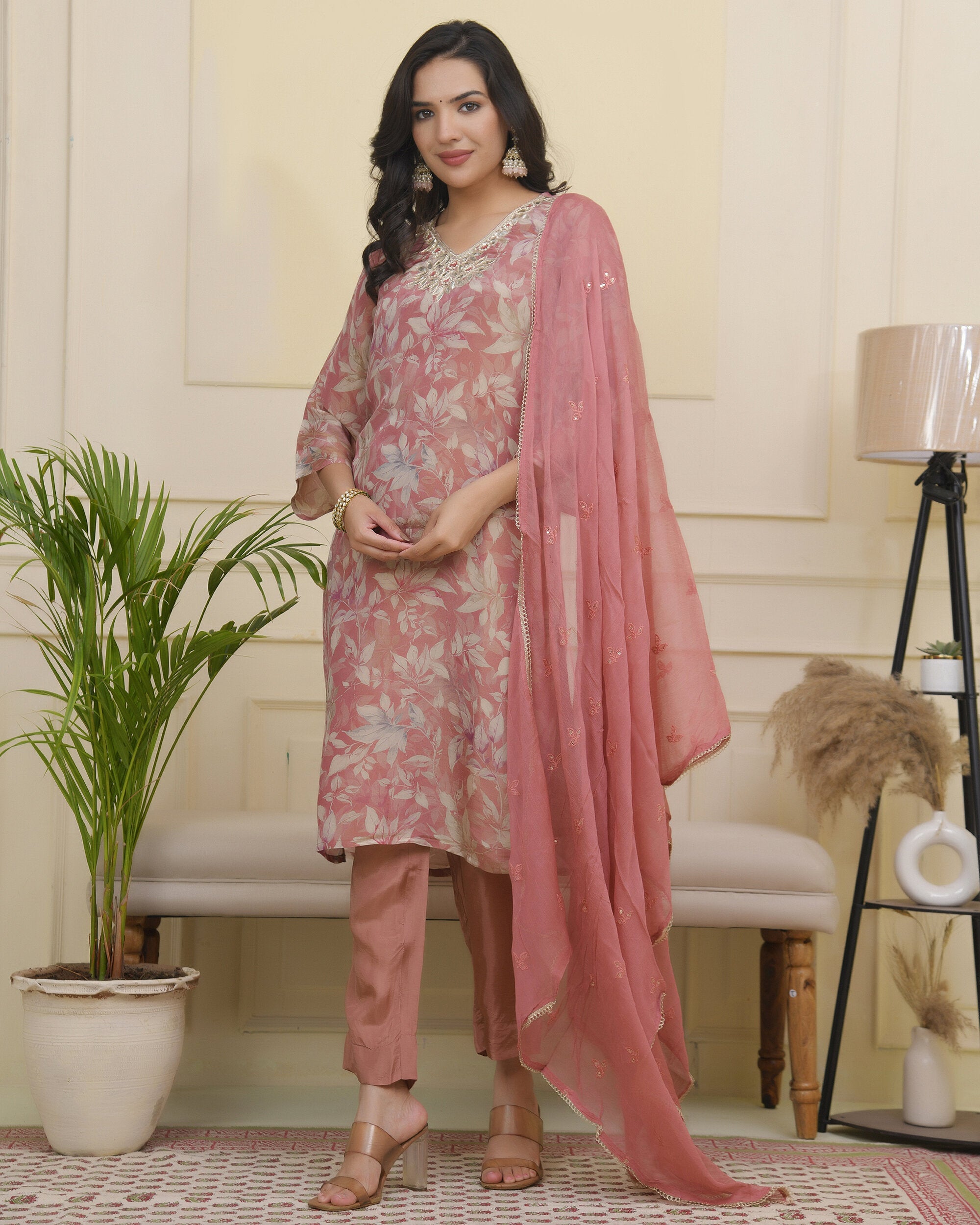 Vaasva Women Pink Tissue Shimmer Kurta With Silk Pant & Dupatta