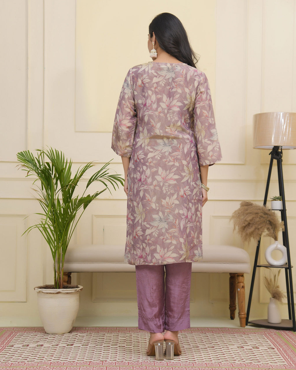 Vaasva Women Lavender Tissue Shimmer Kurta With Silk Pant & Dupatta