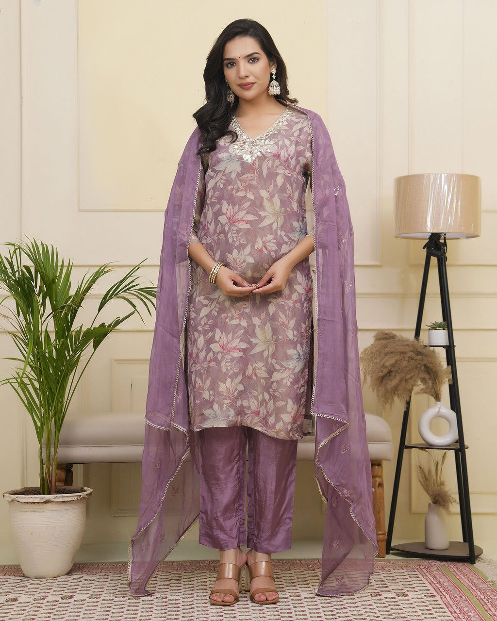 Vaasva Women Lavender Tissue Shimmer Kurta With Silk Pant & Dupatta