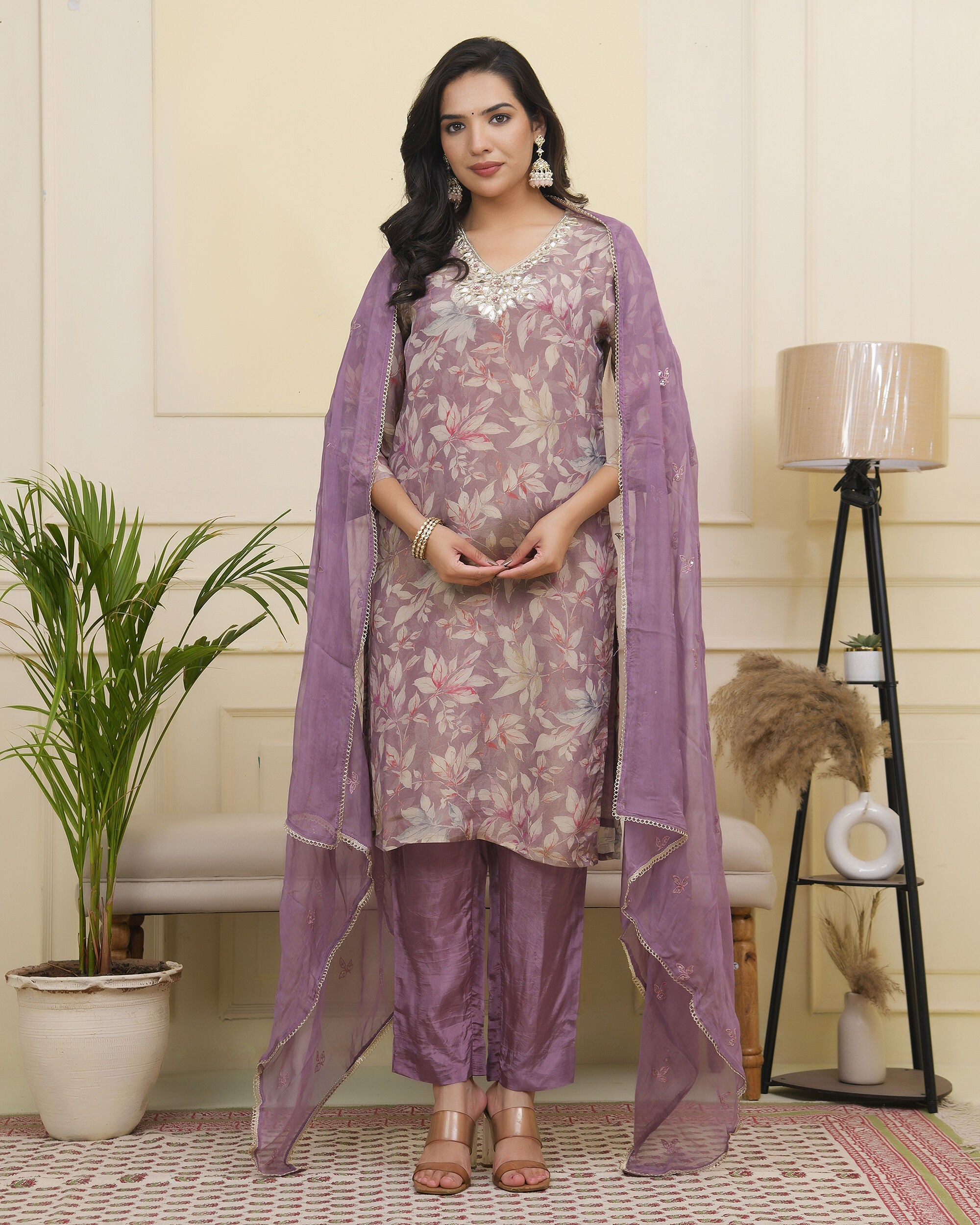 Vaasva Women Lavender Tissue Shimmer Kurta With Silk Pant & Dupatta