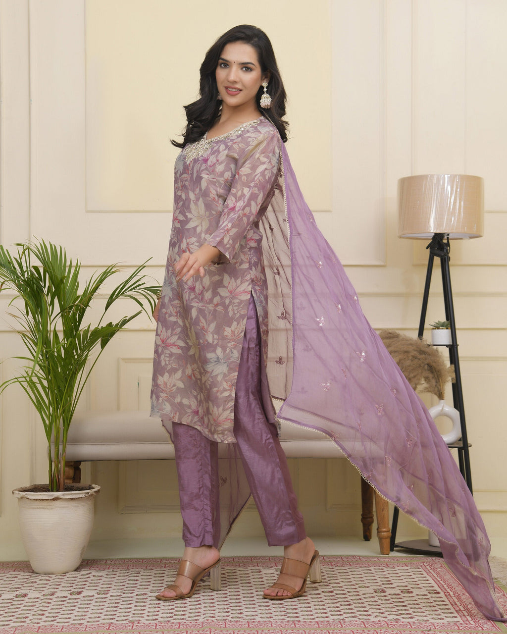 Vaasva Women Lavender Tissue Shimmer Kurta With Silk Pant & Dupatta
