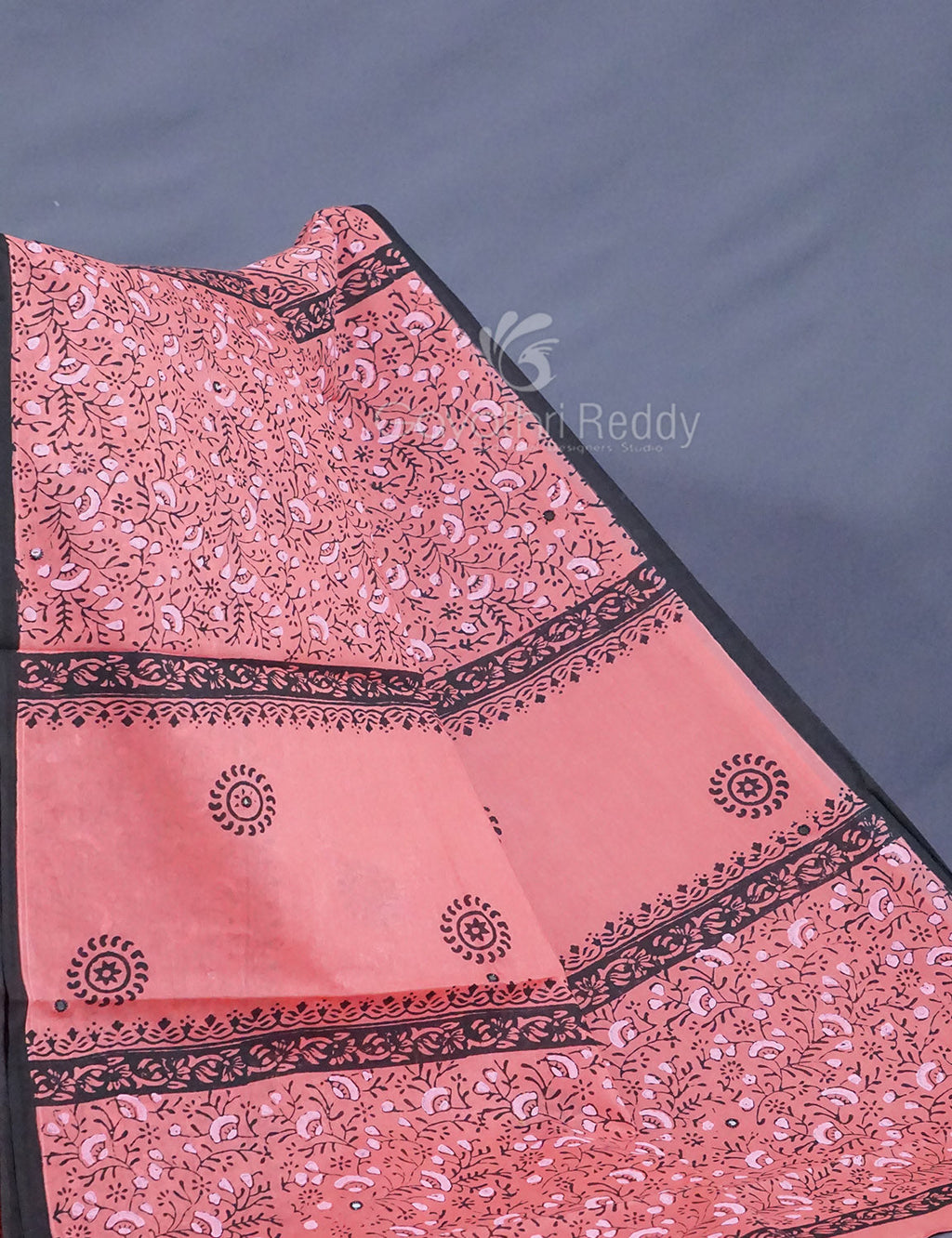 Peach Colour Block Print With Mirron Embroidered Pure Mulmul Cotton Saree By Gayathri Reddy Designer Studio