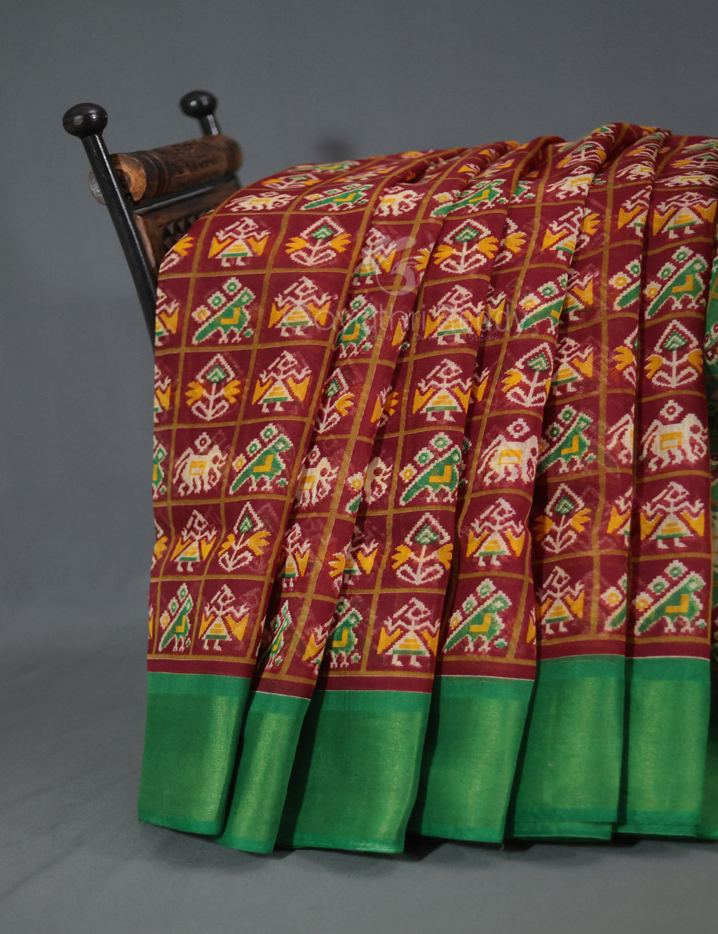 Shades of Maroon And Parrot Green Blouse Patola Print Semi Chanderi Saree By Gayathri Reddy Designer Studio