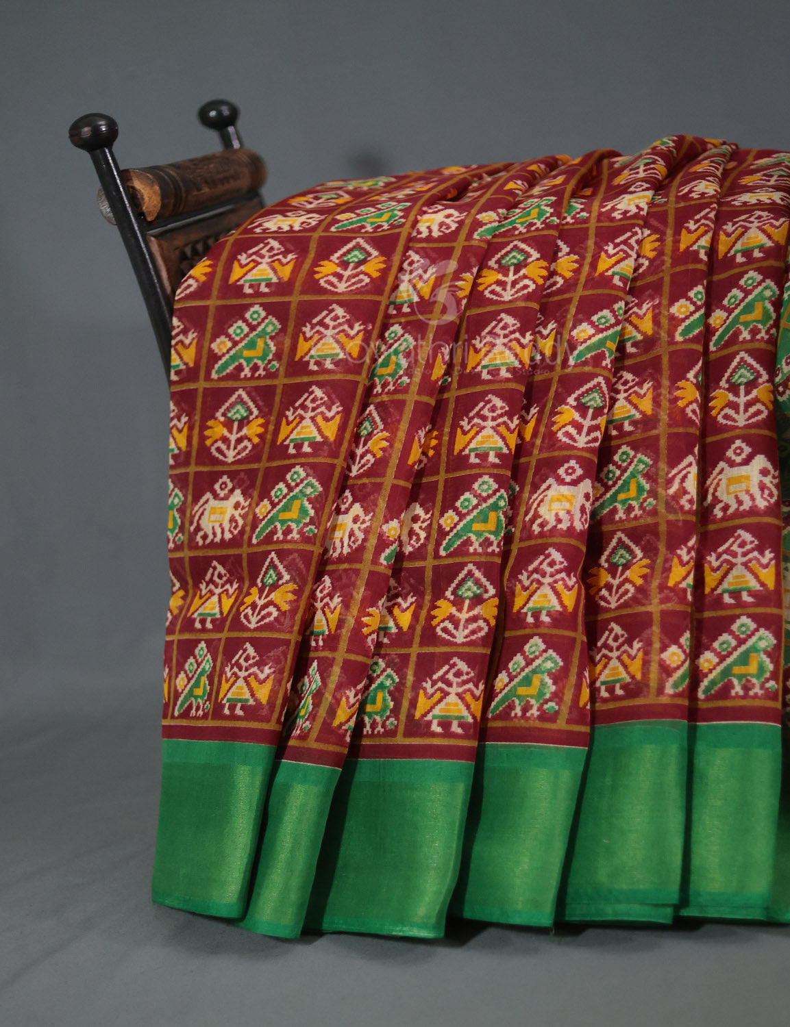 Shades of Maroon And Parrot Green Blouse Patola Print Semi Chanderi Saree By Gayathri Reddy Designer Studio