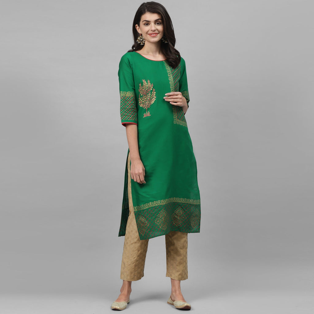 Maai Rayon Hand Printed Kurta Green