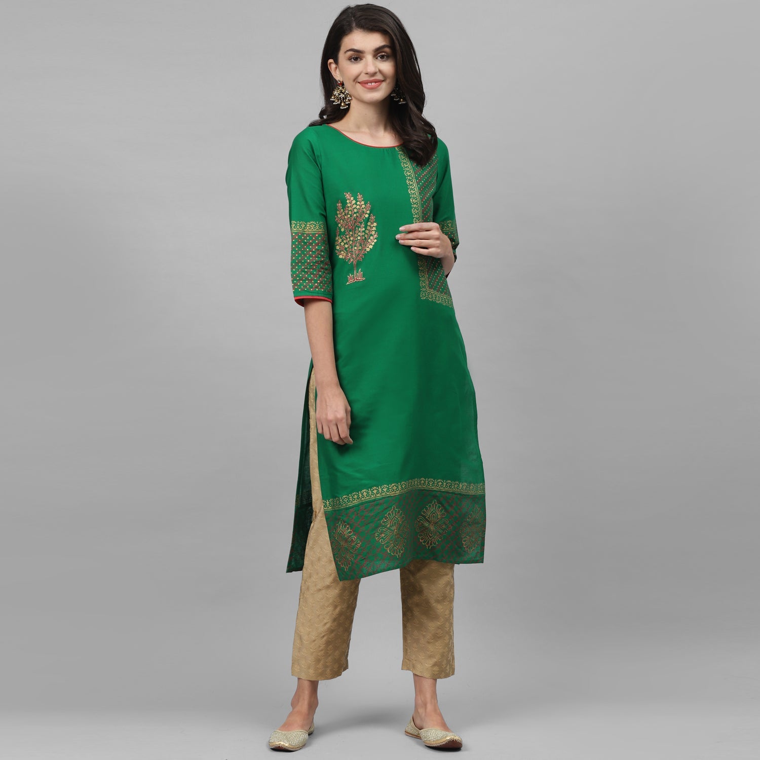 Maai Rayon Hand Printed Kurta Green
