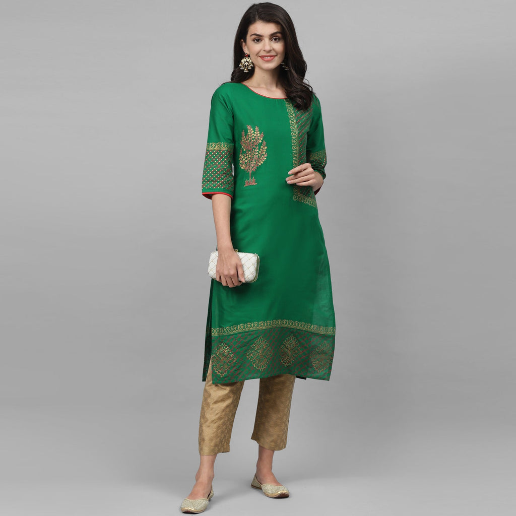 Maai Rayon Hand Printed Kurta Green