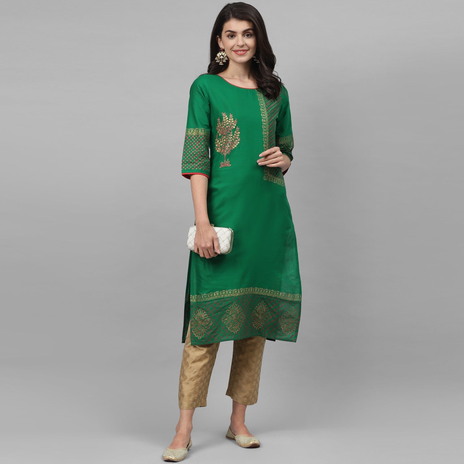 Maai Rayon Hand Printed Kurta Green