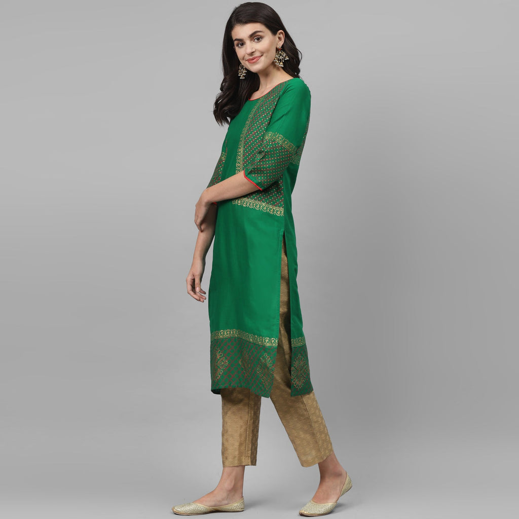 Maai Rayon Hand Printed Kurta Green