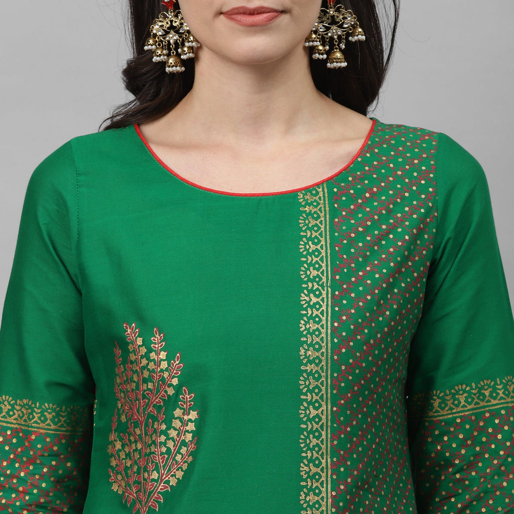 Maai Rayon Hand Printed Kurta Green