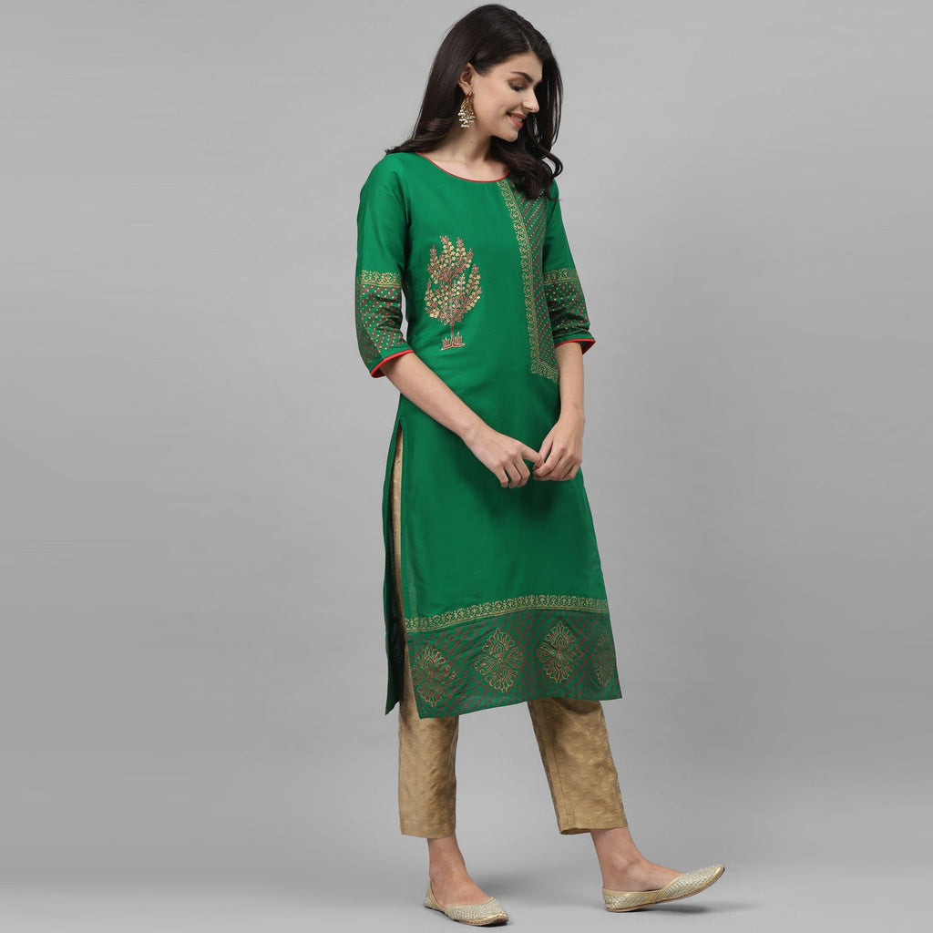 Maai Rayon Hand Printed Kurta Green