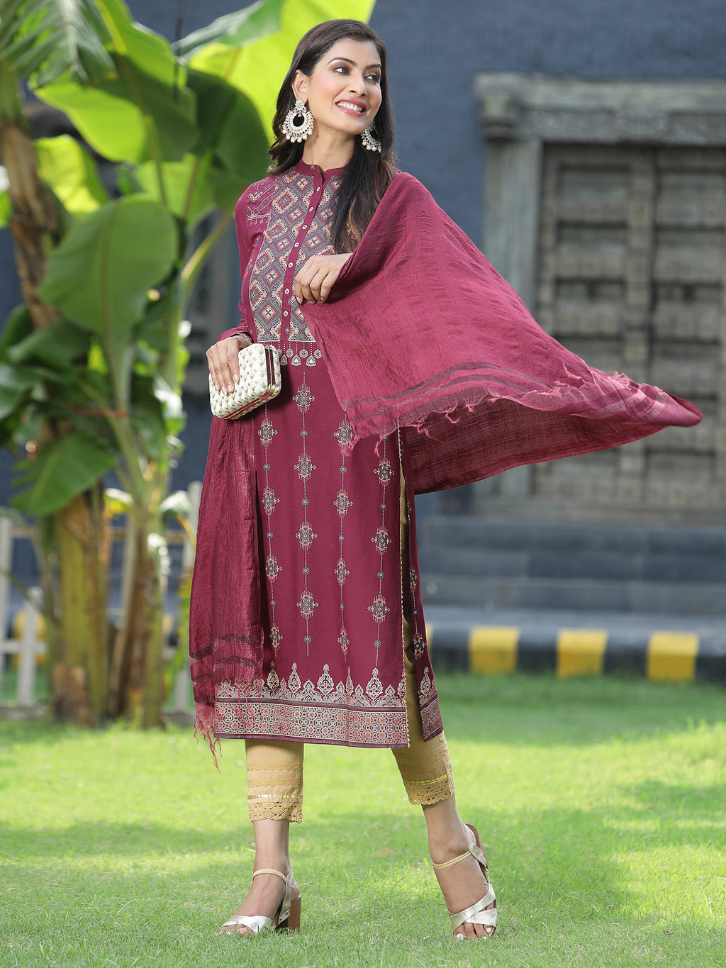 Juniper Womens Wine Rayon Foil Printed Kurta With Dupatta Set