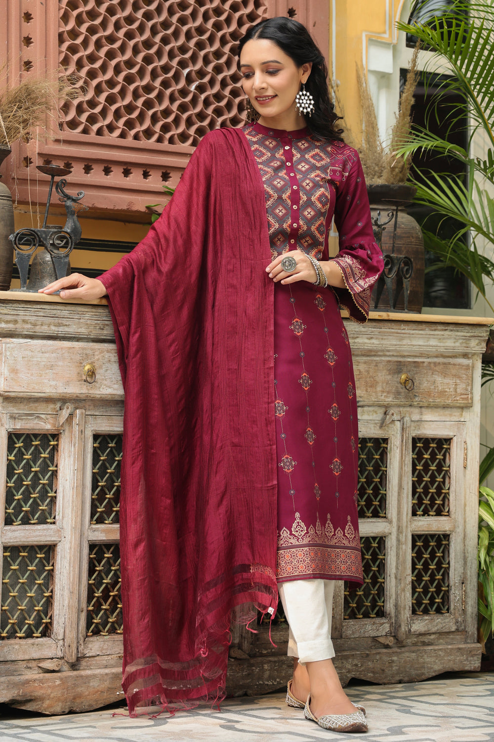 Juniper Women's Wine Rayon Printed Straight Kurta Dupatta Set