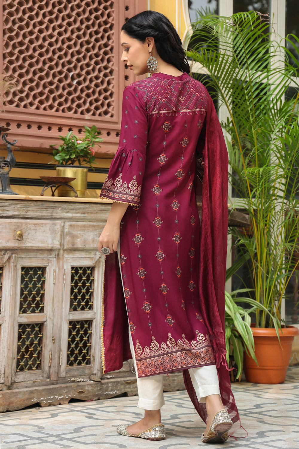 Juniper Women's Wine Rayon Printed Straight Kurta Dupatta Set