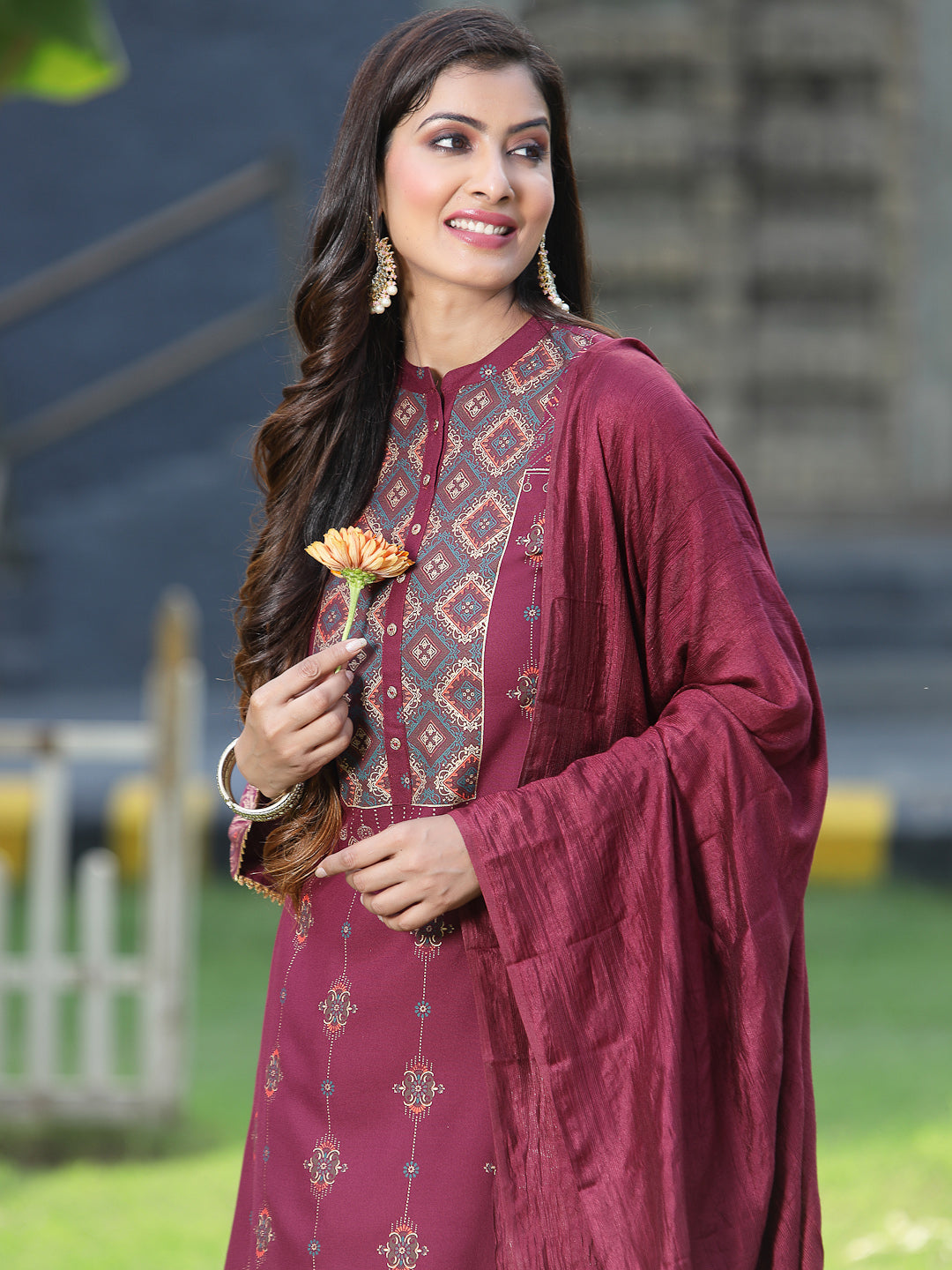 Juniper Womens Wine Rayon Foil Printed Kurta With Dupatta Set