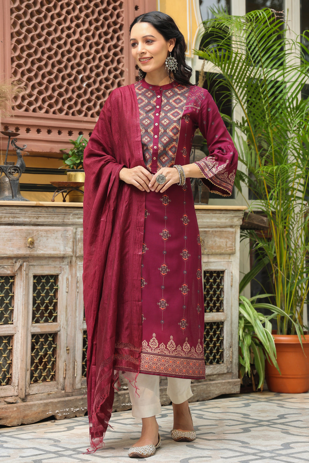 Juniper Women's Wine Rayon Printed Straight Kurta Dupatta Set
