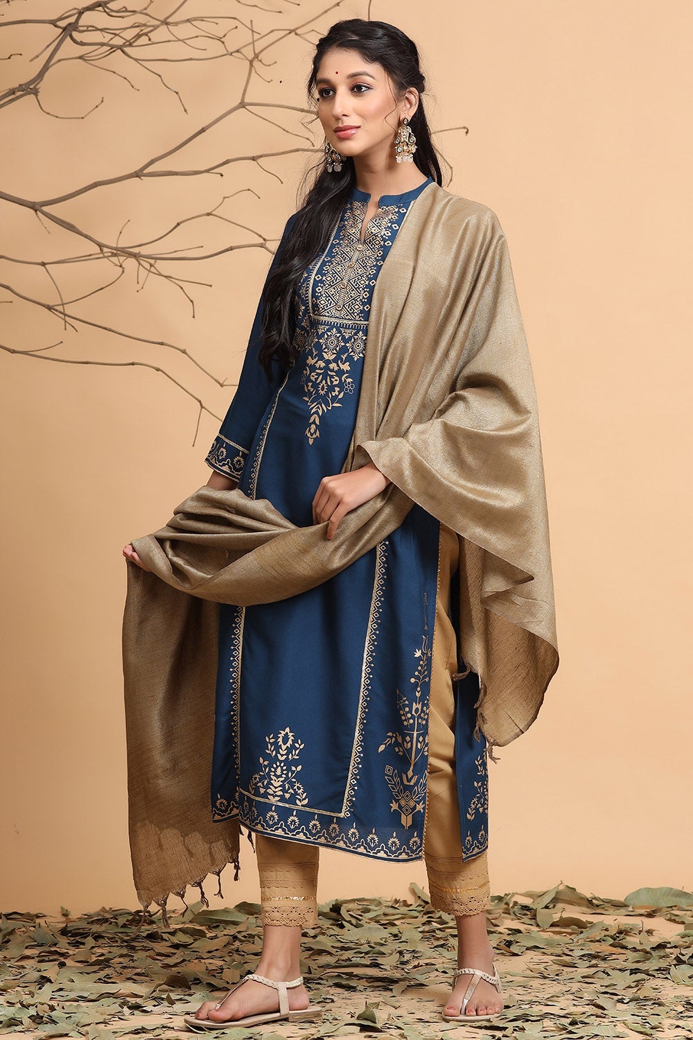 Juniper Women's Darkteal Rayon Printed Straight Kurta Dupatta Set