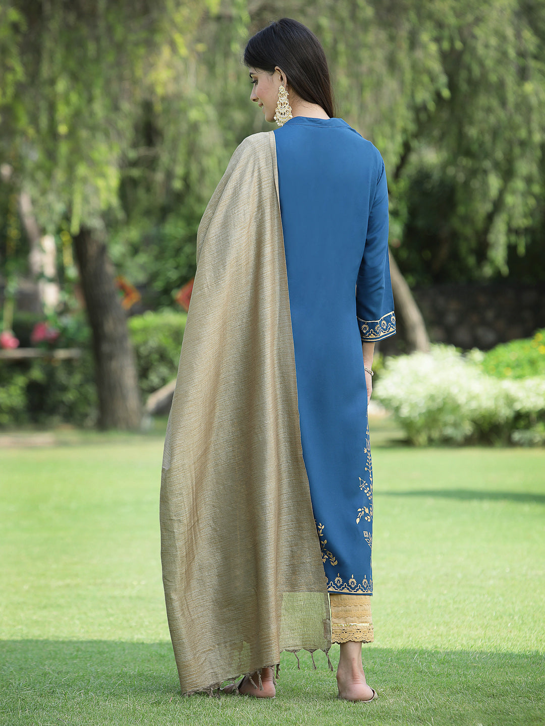 Juniper Womens Teal Rayon Foil Printed Kurta With Dupatta Set
