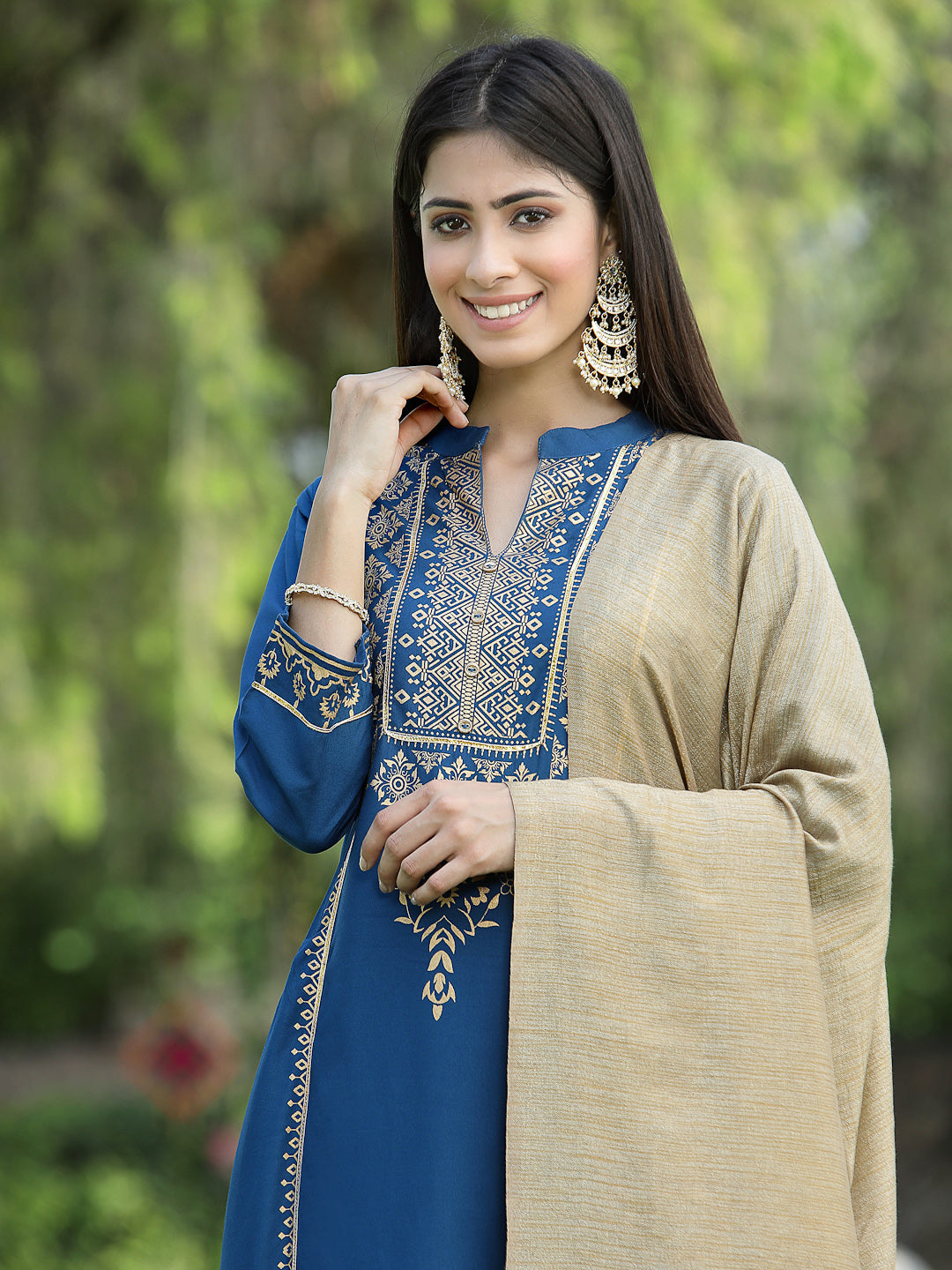 Juniper Womens Teal Rayon Foil Printed Kurta With Dupatta Set