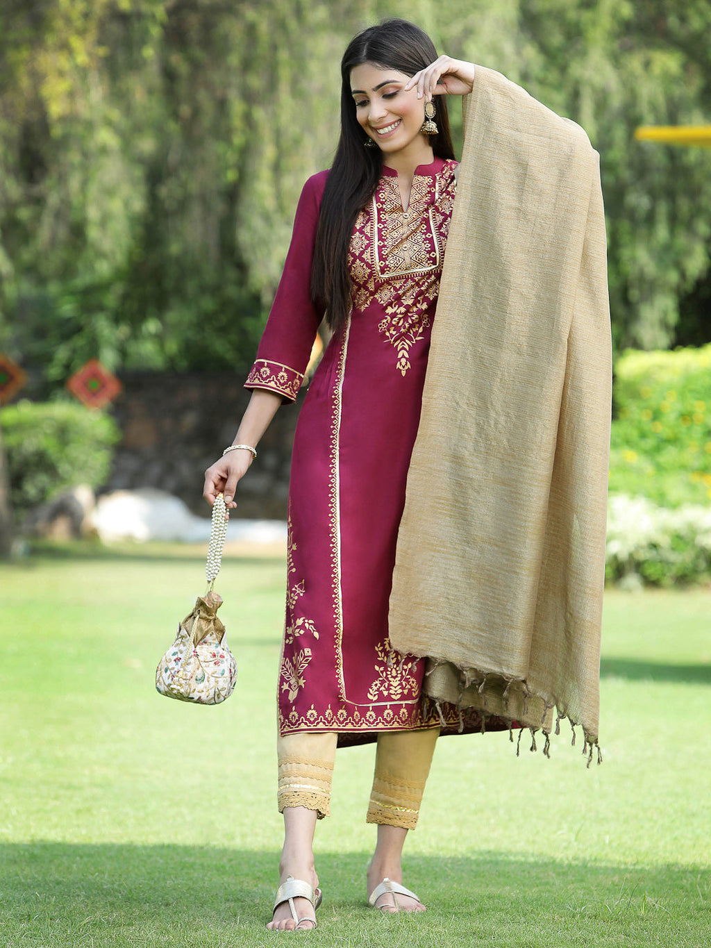 Juniper Womens Wine Color Rayon Foil Printed Kurta With Dupatta Set