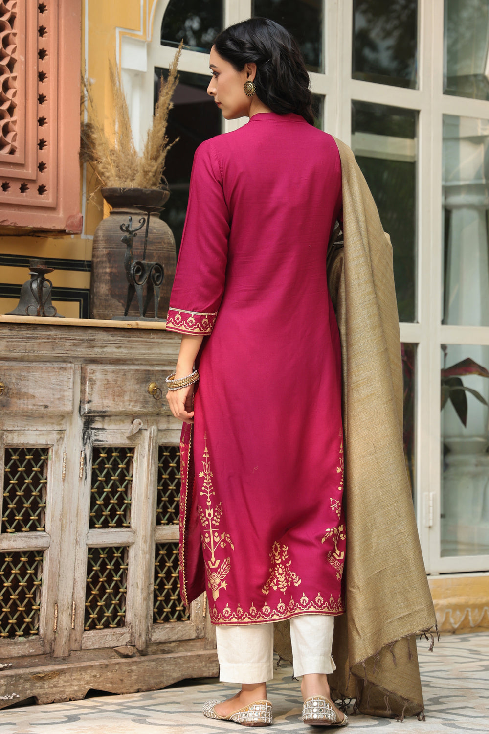 Juniper Women's Wine Rayon Printed Straight Kurta Dupatta Set