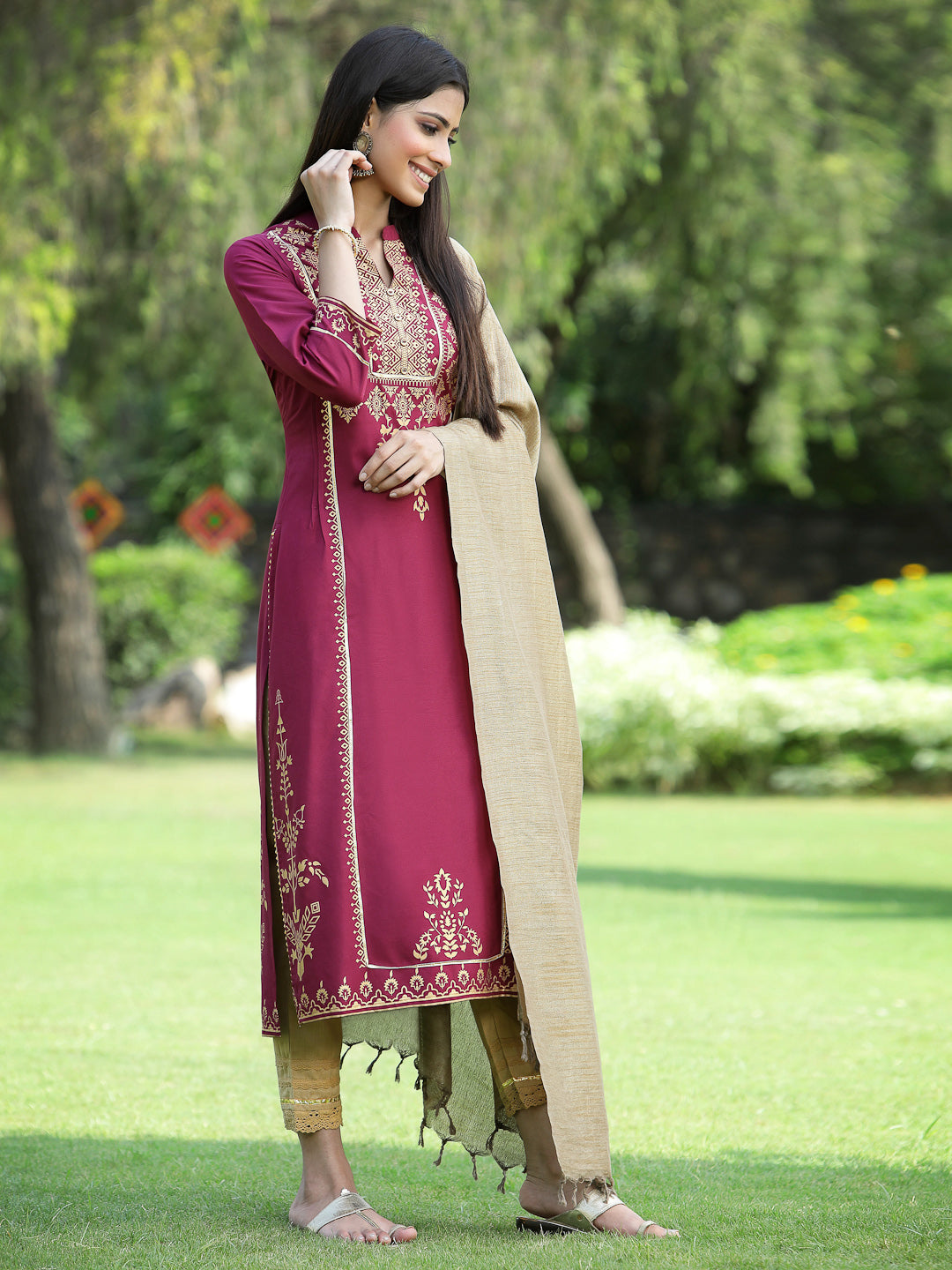 Juniper Womens Wine Color Rayon Foil Printed Kurta With Dupatta Set