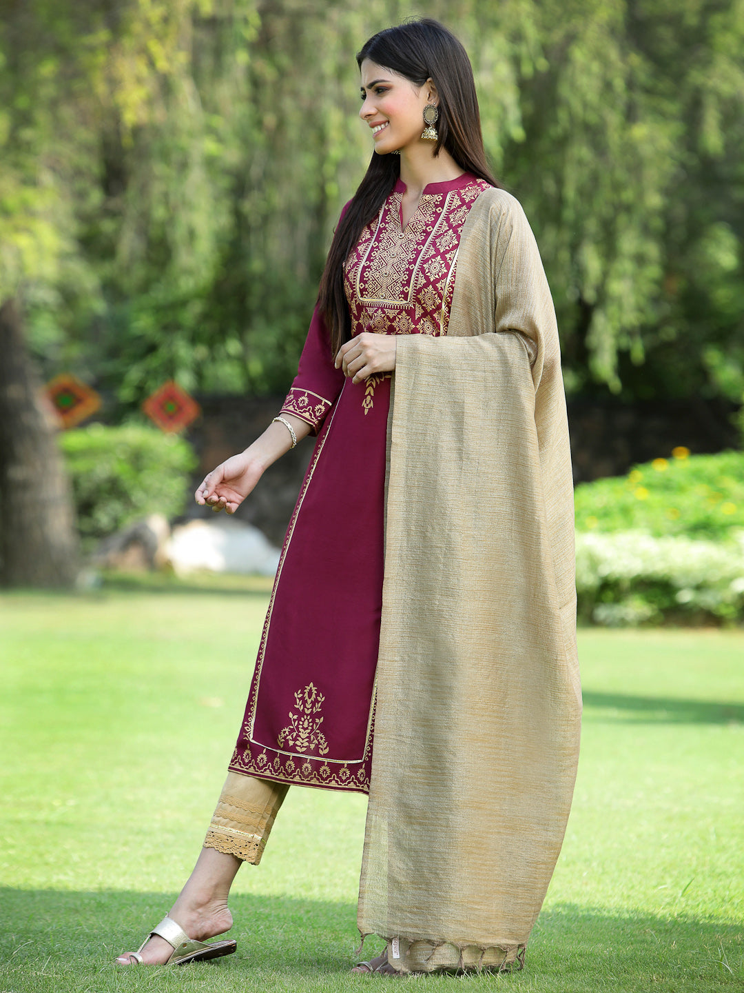 Juniper Womens Wine Color Rayon Foil Printed Kurta With Dupatta Set