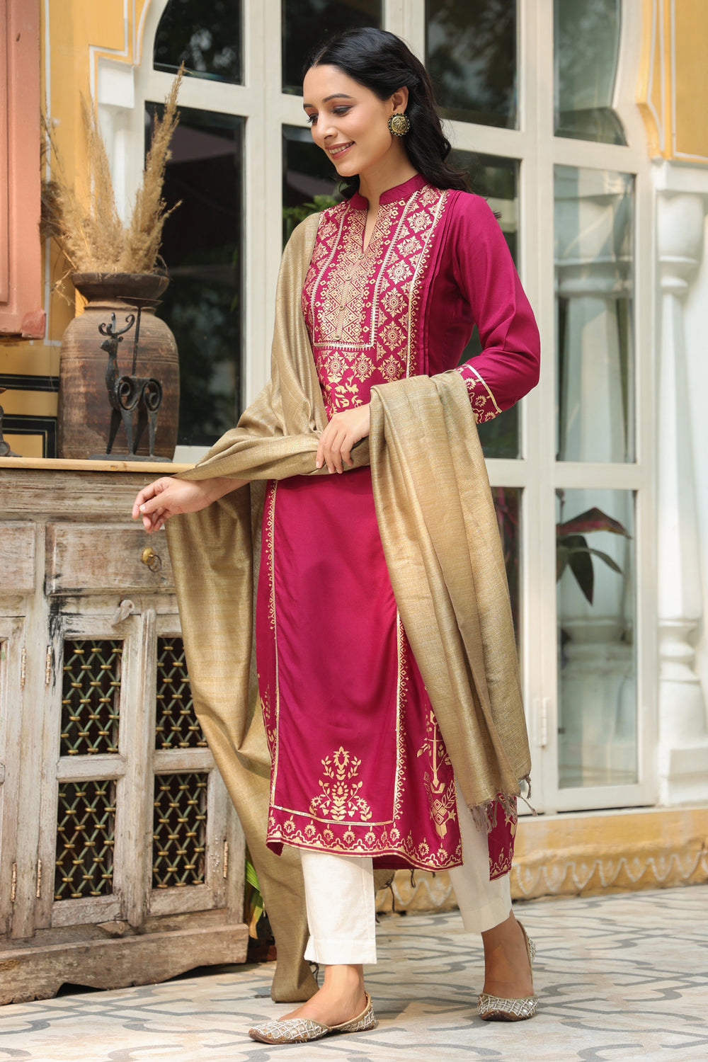 Juniper Women's Wine Rayon Printed Straight Kurta Dupatta Set