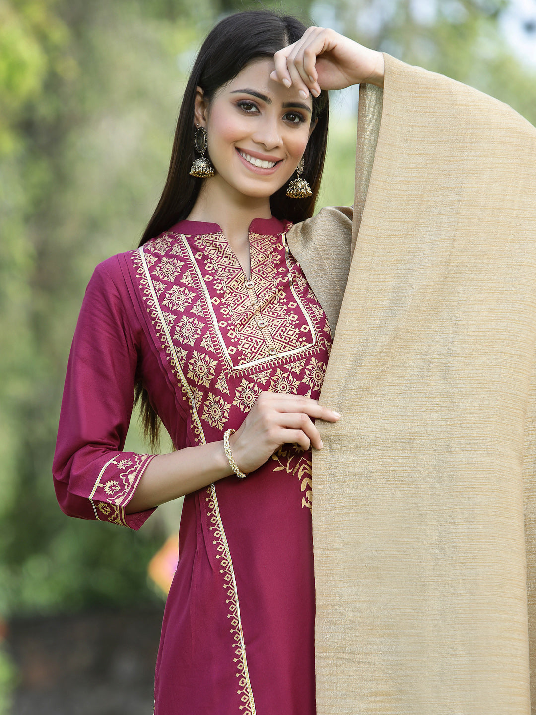 Juniper Womens Wine Color Rayon Foil Printed Kurta With Dupatta Set