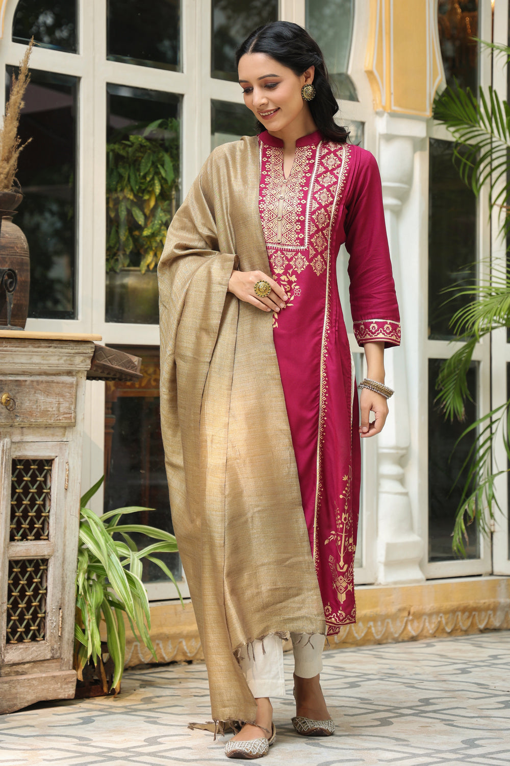 Juniper Women's Wine Rayon Printed Straight Kurta Dupatta Set