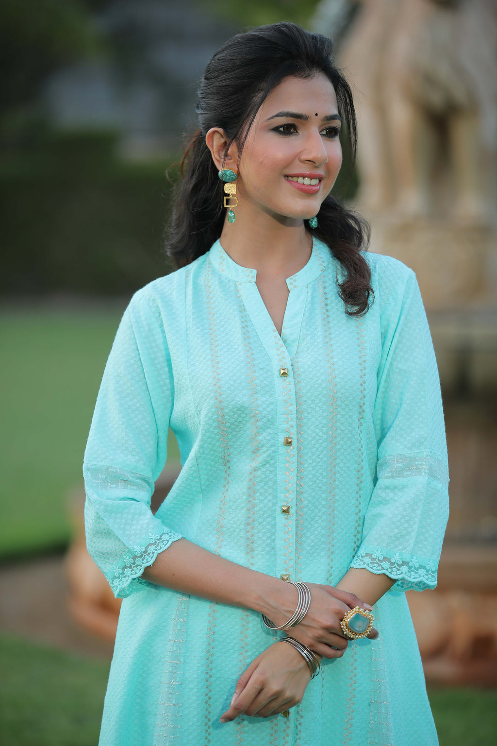 Juniper Women Aqua Cotton Dobby Printed A-Line Kurta