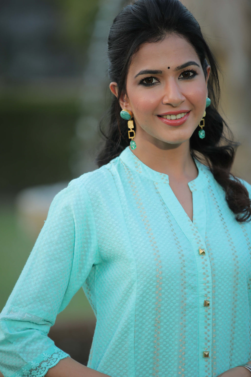 Juniper Women Aqua Cotton Dobby Printed A-Line Kurta