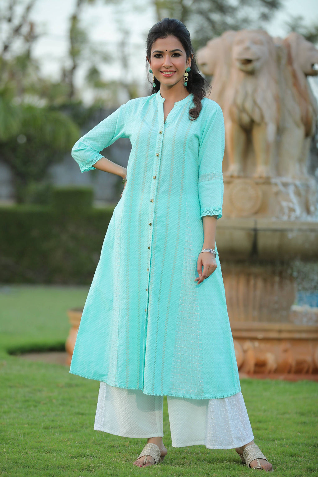 Juniper Women Aqua Cotton Dobby Printed A-Line Kurta