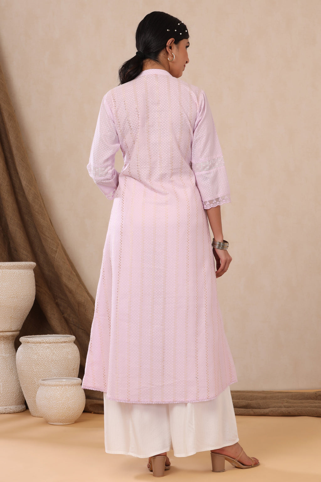 Juniper Women's Purple Cotton Dobby Flared Kurta With Buttons