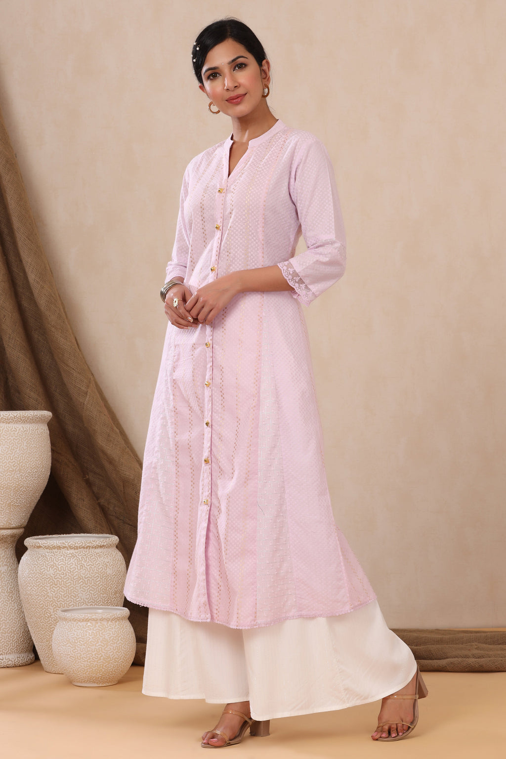 Juniper Women's Purple Cotton Dobby Flared Kurta With Buttons
