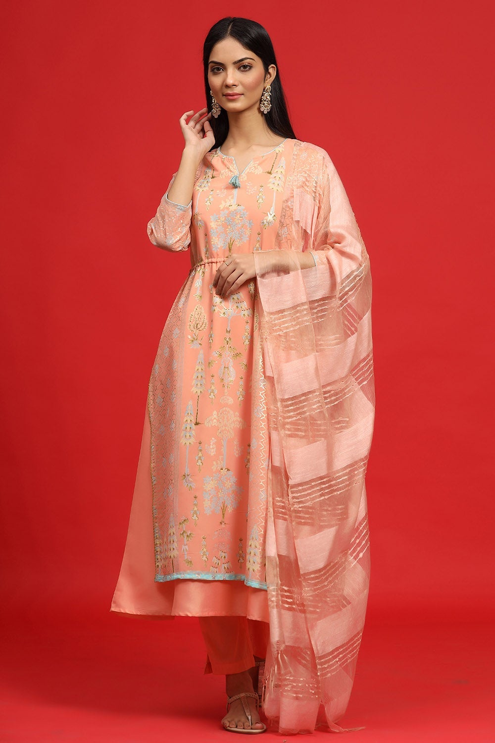 Juniper Women's Orange Georgette Printed Layered Kurta Sets