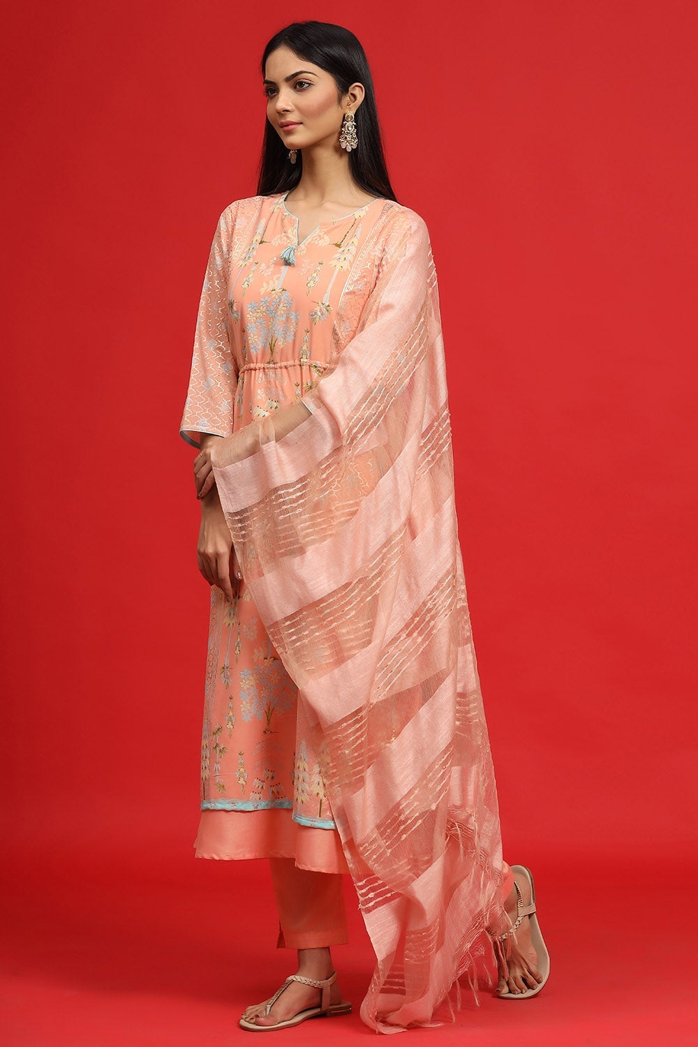 Juniper Women's Orange Georgette Printed Layered Kurta Sets