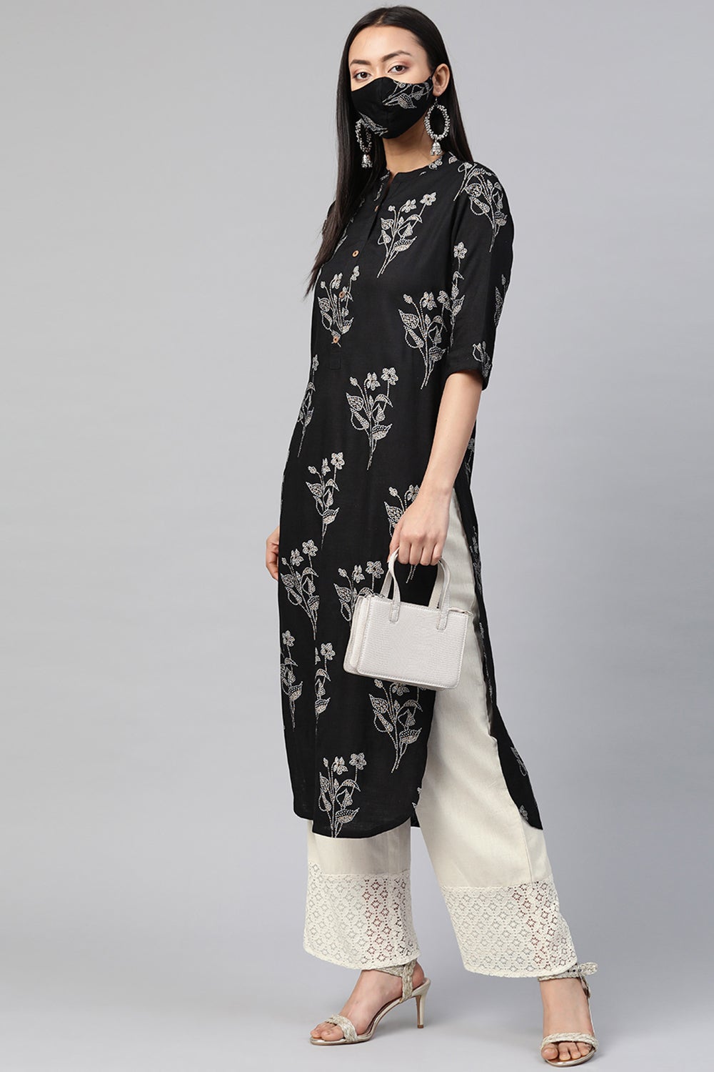 Juniper Women's Black Rayon Slub Bandhani Straight Kurta